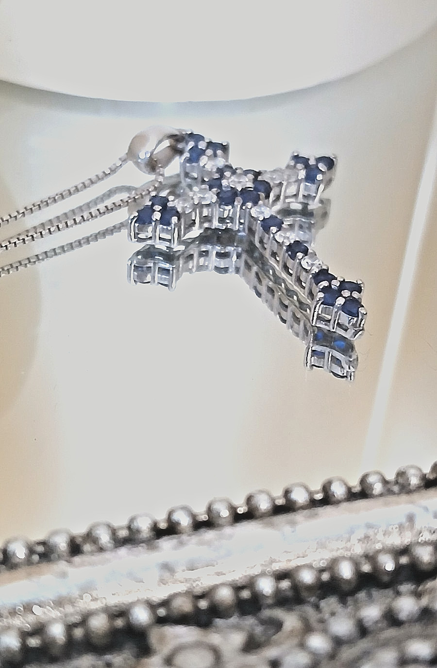 1.20Ct Round Cut Blue Sapphire Cross Pendant 14K White Gold Finish Free Chain