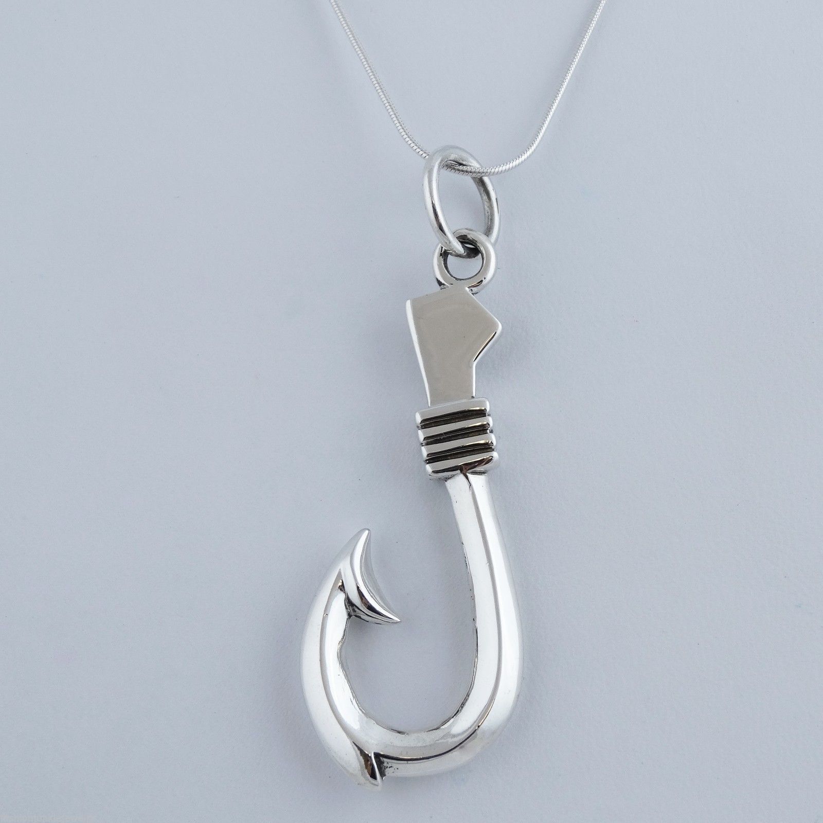 Large Fish Hook Necklace -925 Sterling Silver-Fishing Fishermen Pendant Catch SN