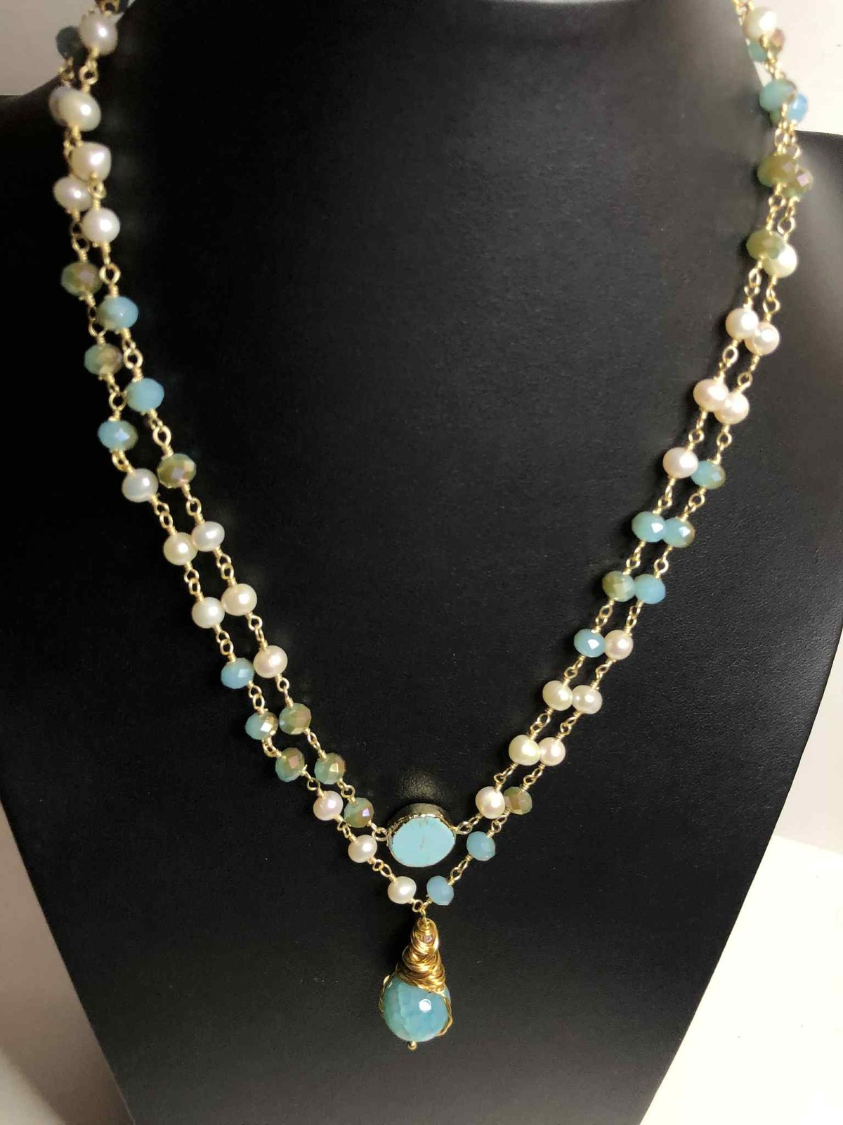 6561 Vermeil 925 faux Turquoise Crystal & pearl station layered Necklace 18″