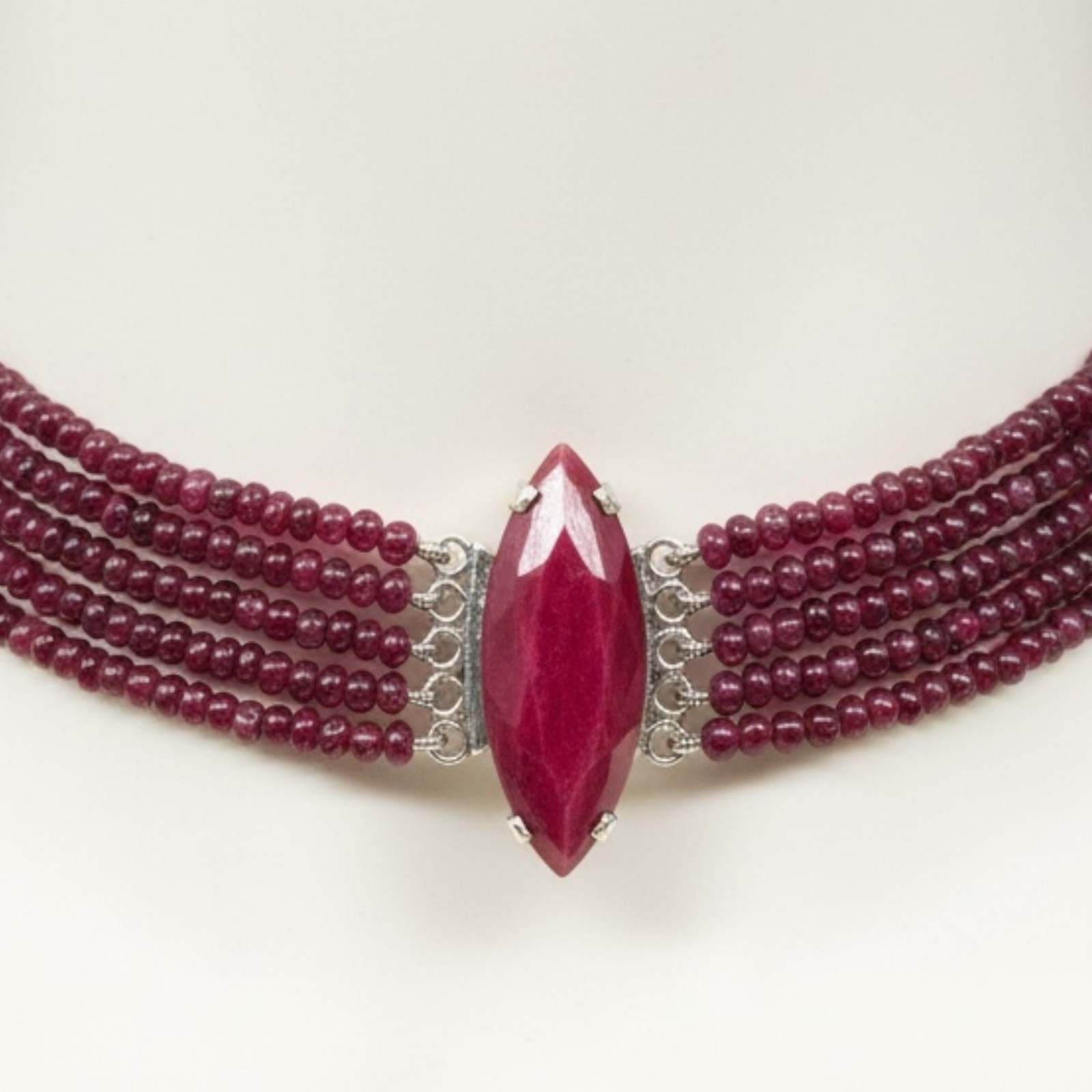 5 Strand Natural Ruby Necklace 3-6mm Plain Cabochon Beads 925 Silver Ruby Clasp