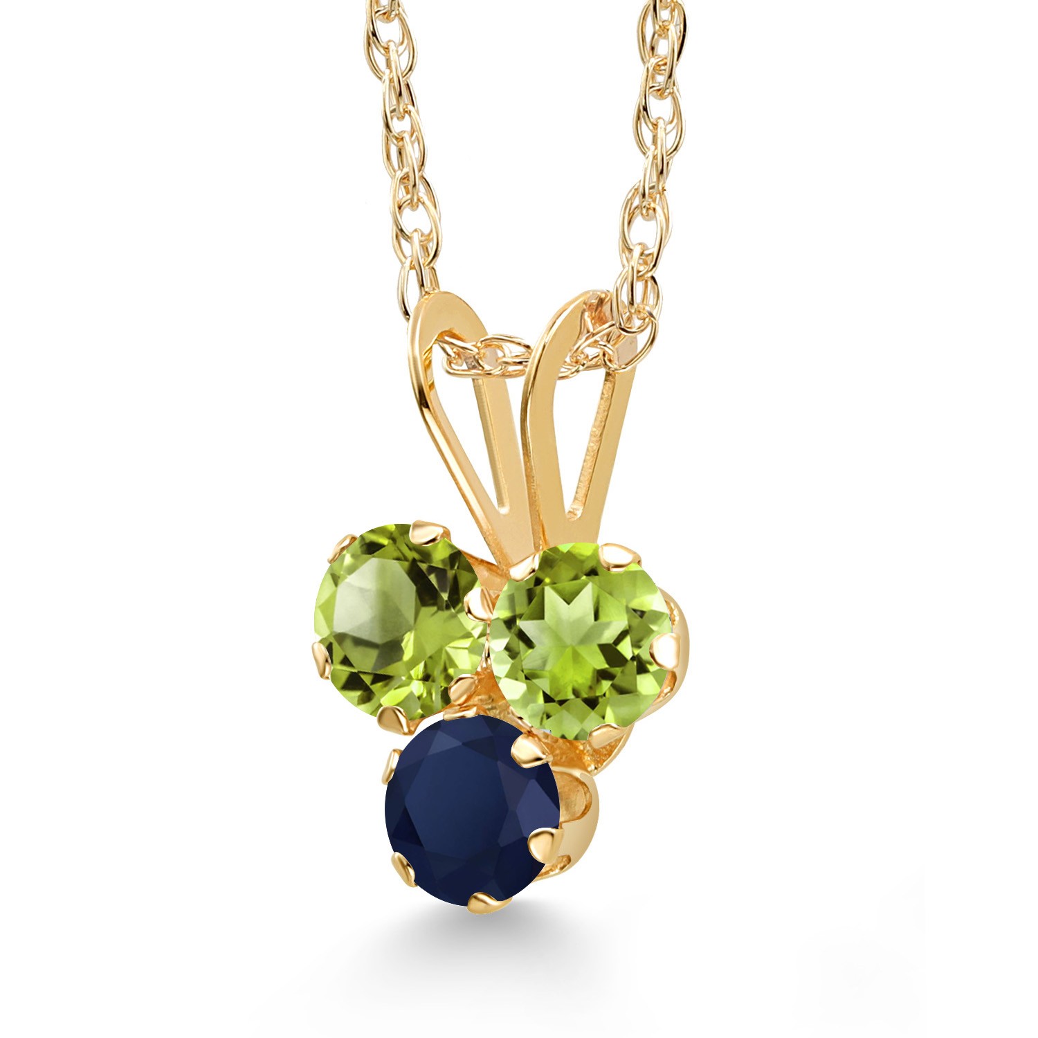 14K Yellow Gold Peridot and Sapphire 3-Stone Pendant Necklace For Women (0.39