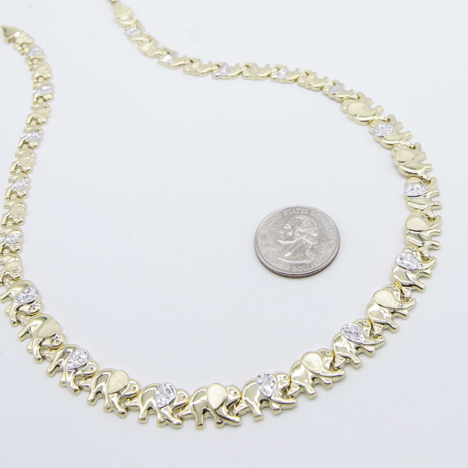 Graduated Diamond Cut Elephant Stampato Necklace 10K Yellow White Gold 18″