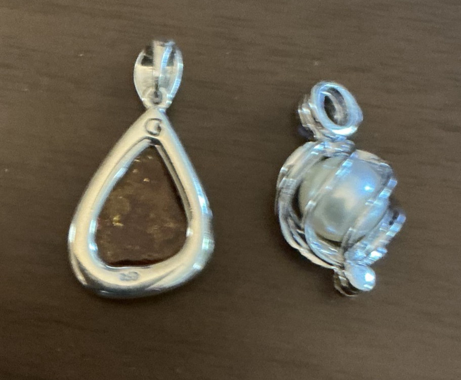 TWO PENDANTS: ONE AMBER STERLING and ONE CULTURED PEARL SILVER METAL MOTHERS DAY