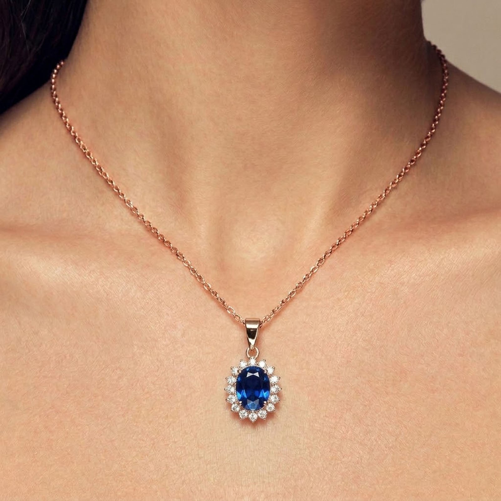 925 Sterling Silver Rose Gold Pendants Magnificent Royal Blue Sapphire 12.35Ct