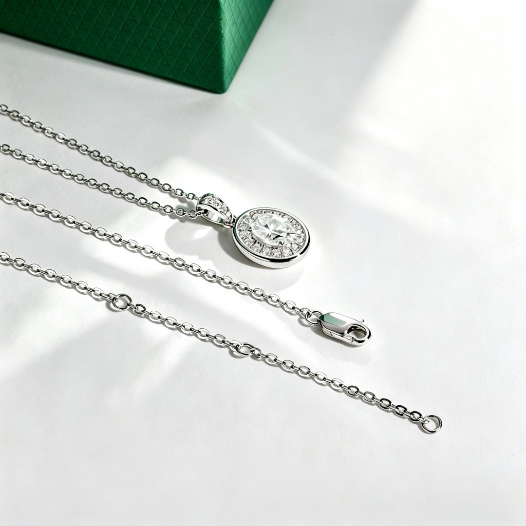 Solid 925 Sterling Silver 1ct Moissanite Halo Oval Moissanite Necklace 18 inches
