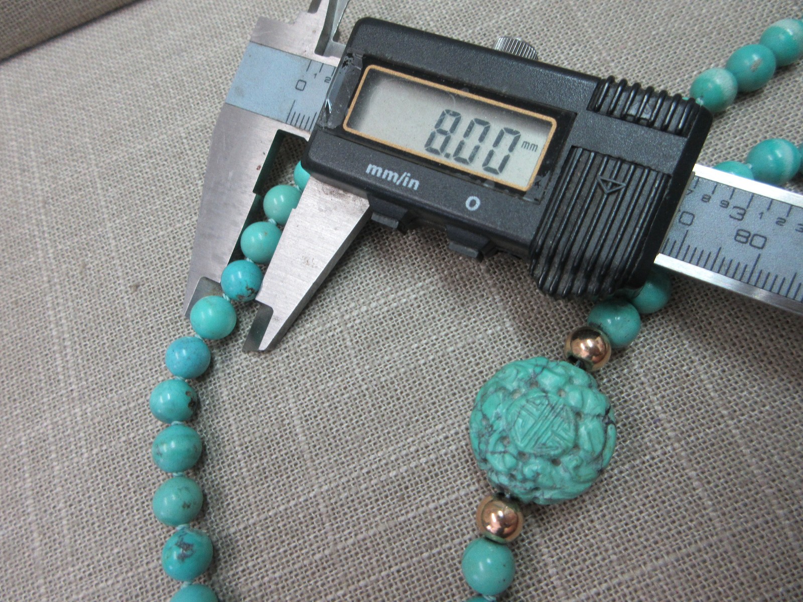 Vtg 14K Fishhook Clasp Turquoise Beads & Carved “Shou” Bead Necklace 18″ 39.7 G
