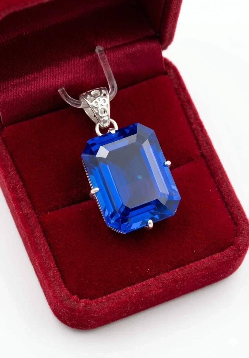 Natural 21 Ct Blue Sapphire Solid Silver Emerald Cut Pendant Certified Gemstone
