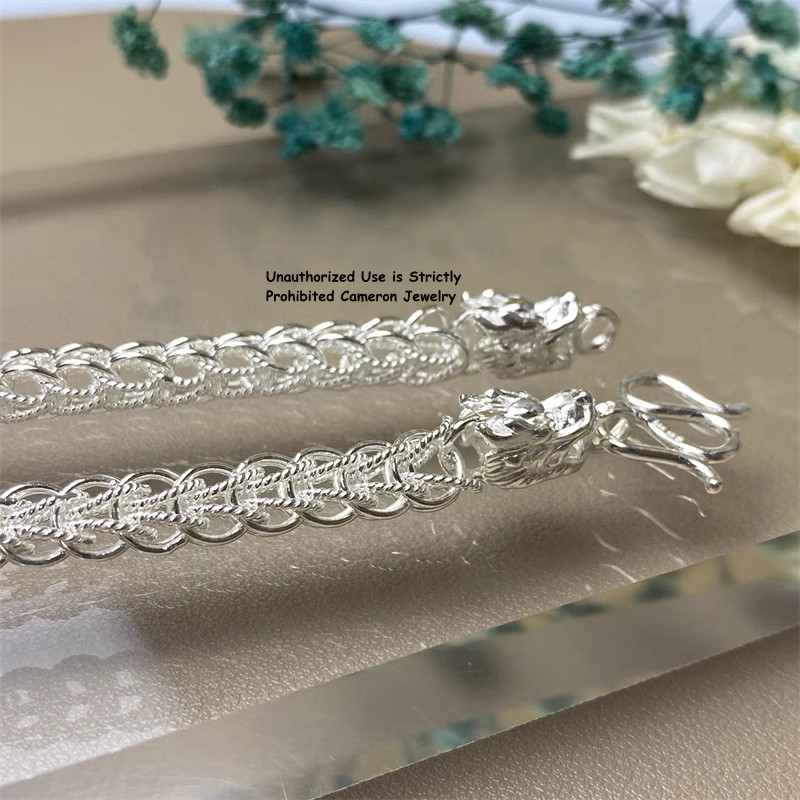 Pure 999 Fine Silver Chain Double Dragon 10mm Wheat Link Necklace 70-71g 23.6in