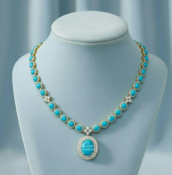 Oval Turquoise Necklace with Moissanite Accents 18k Gold Plated Handmade Jewelry
