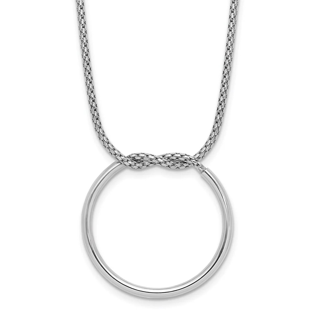 Sterling Silver RH-Pl Polished/Textured Circle Pendant With 2in Ext.