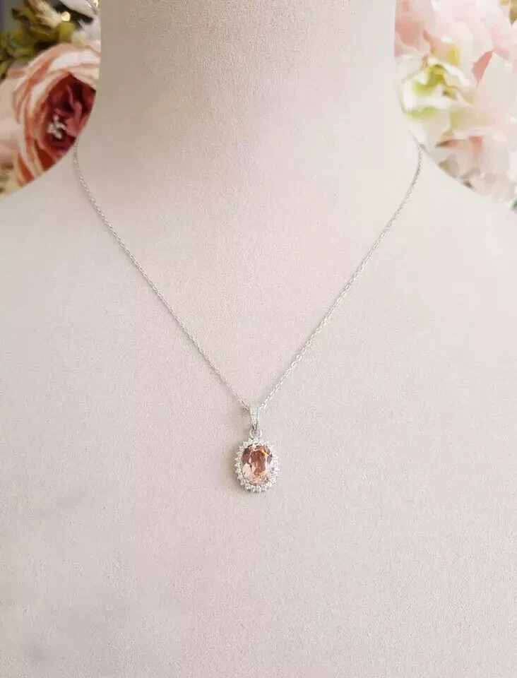 3 Carat Halo Peach Diamond Pendant With Free Chain 14K White Gold Finish