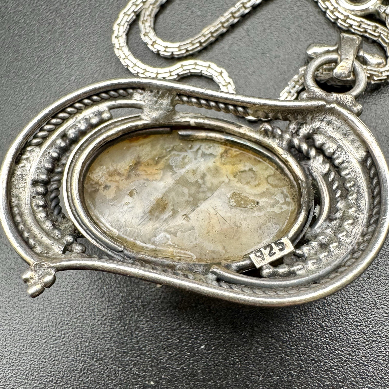Bezel Set Jasper Cabochon Stone In Detailed Silver With 18in NB India Box Chain