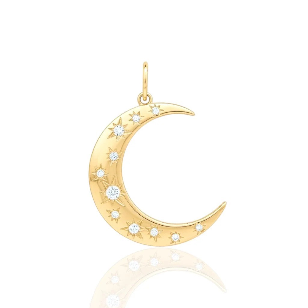 Crescent Moon Charm Solid 14k Yellow Gold Natural Diamond Designer Pendant