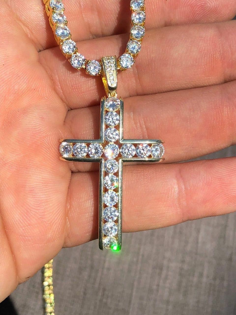 14k Gold Plated Real Solid 925 Silver Channel Set Cross CZ W. Chain Men’s ICY