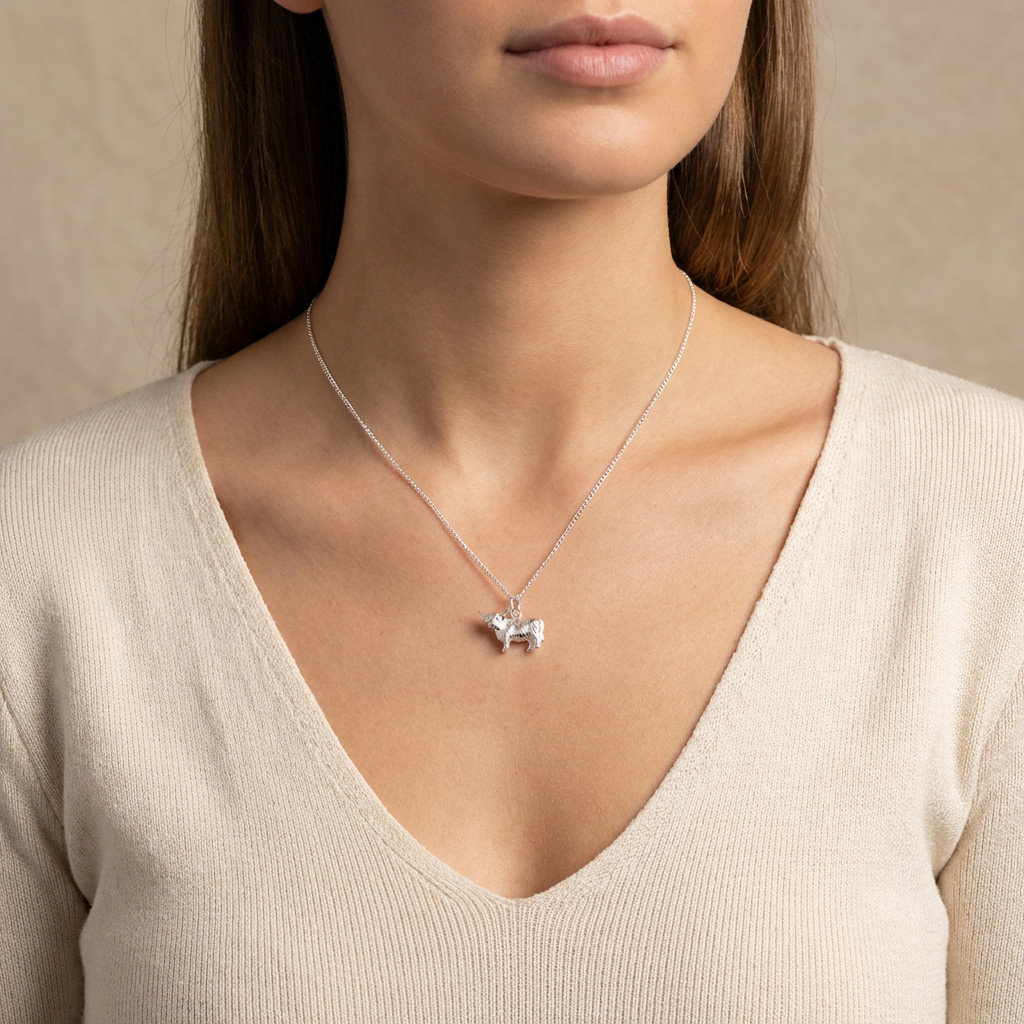 Scottish Necklace – silver highland cow pendant and 18 inch silver chain