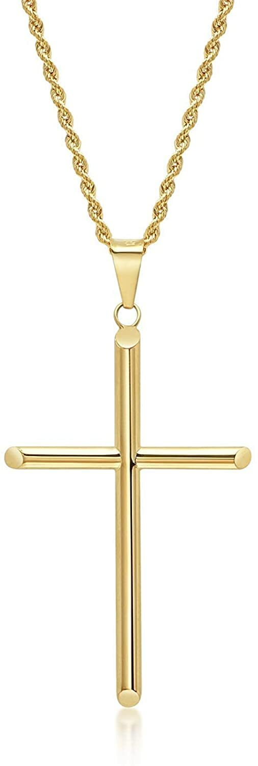 24K Gold Rope Chain Style Cross Pendant Necklace Solid Clasp for Men,Women,Teens