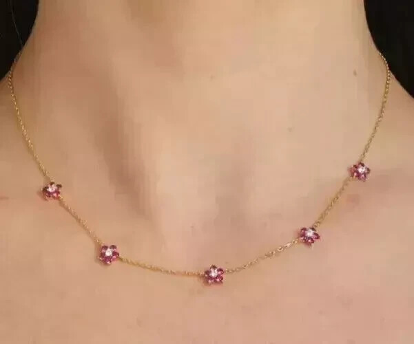 2Ct Round Lab Created Sapphire Diamond Flowers Necklace 14K Yellow Gold Plated