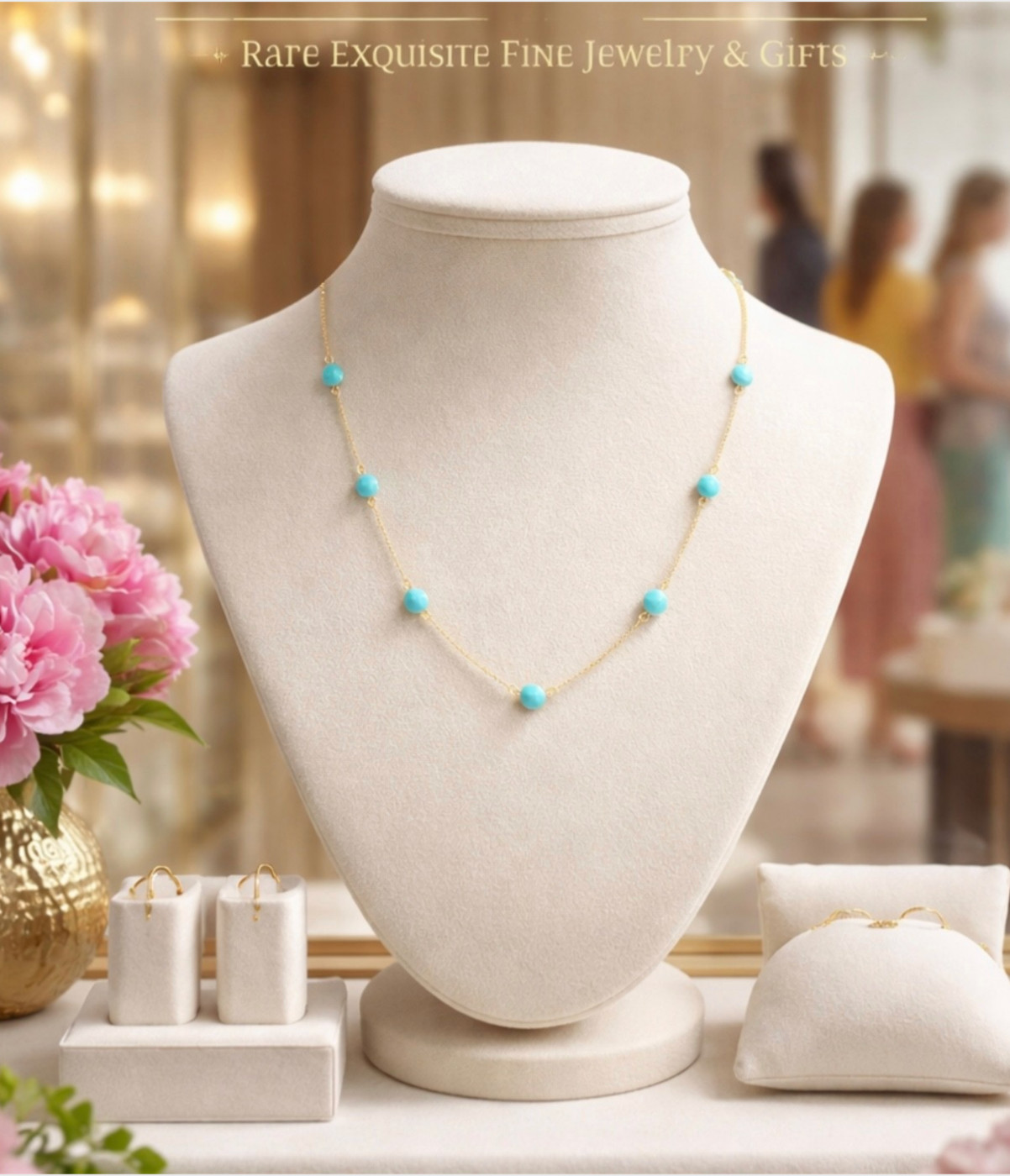 ❤️ NEW RARE 14K YELLOW GOLD SLEEPING BEAUTY TURQUOISE STATION NECKLACE 18″ – 16″