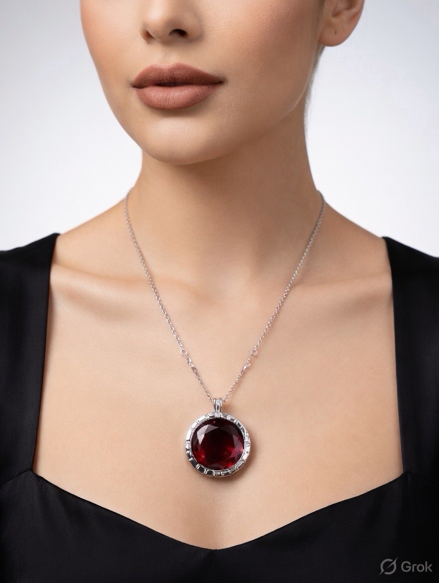 Sterling Silver 925 Domed Natural Diamond red Gemstone Necklace 20mm Pandent
