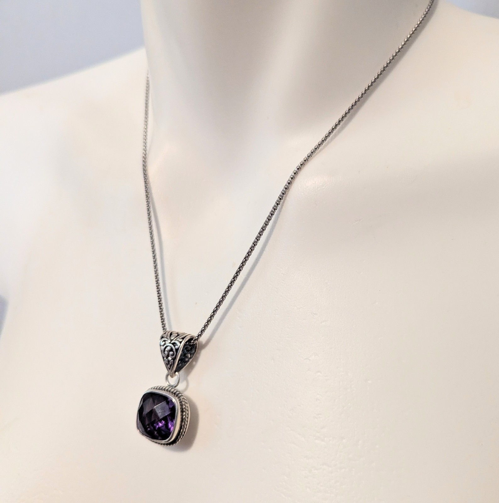 Sterling Silver Cushion Cut Purple Amethyst Filigree Popcorn Link Necklace