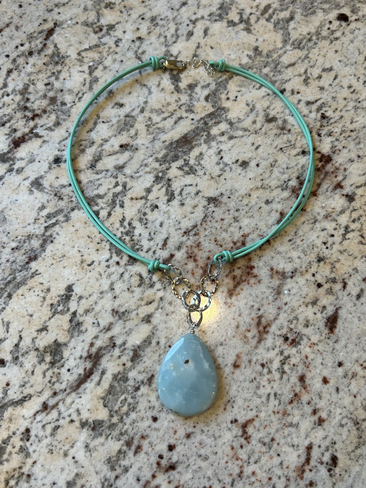 Aqua Amazonite 18″ Corded Necklace Teardrop 40mm Pendant Silver Estate New