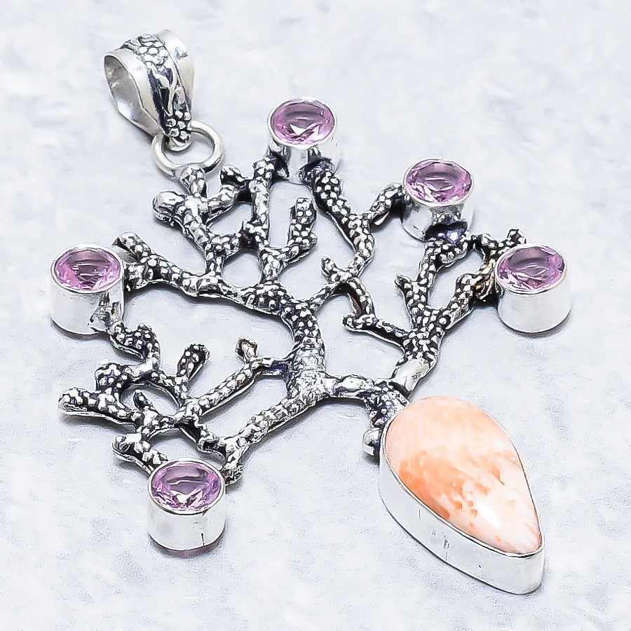Orange Scolecite, Kunzite 925 Sterling Silver Gemstone Pendant 2.76″ NS 23038