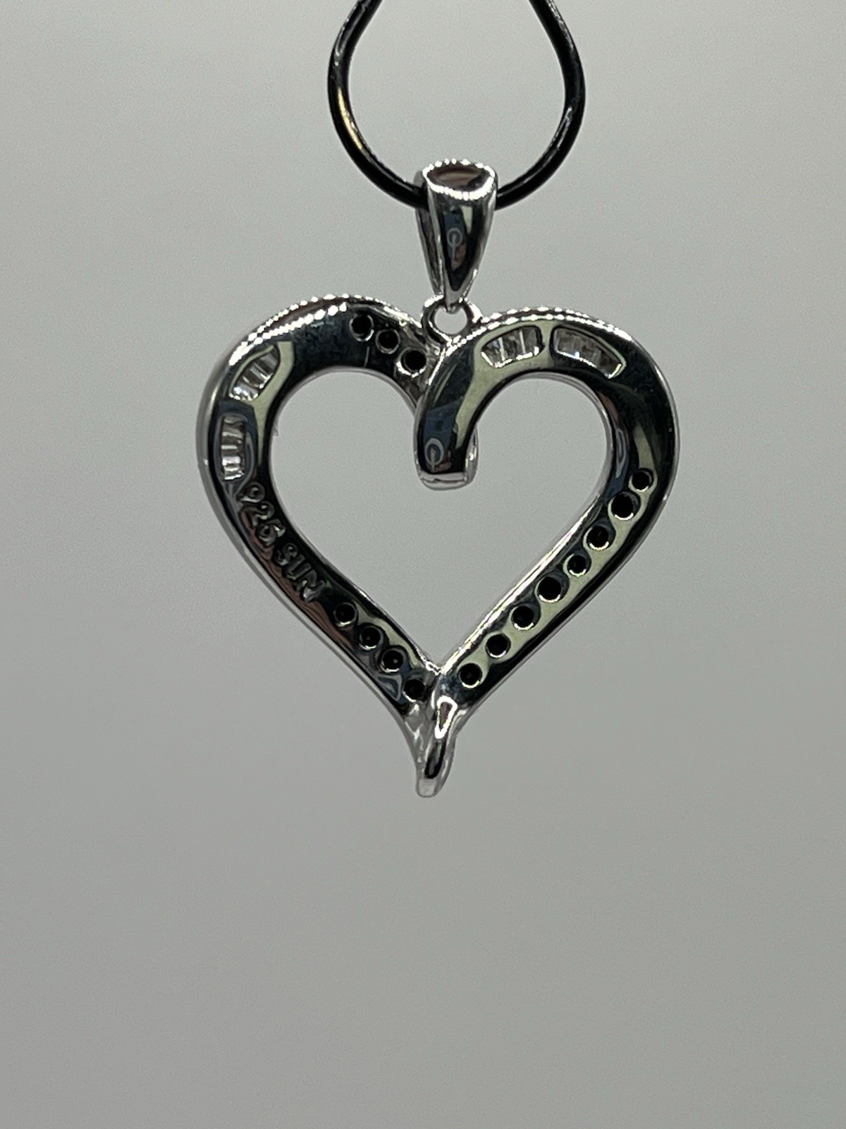 925 Sterling Silver Open Heart Charm Pendant, Channel-Set Baguette Diamonds