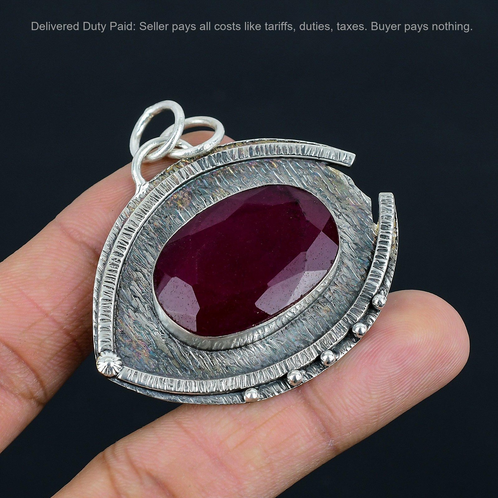 Kashmir Rubi Stone Sister Birthday Anniversary Artisan Pendant Sterling Silver