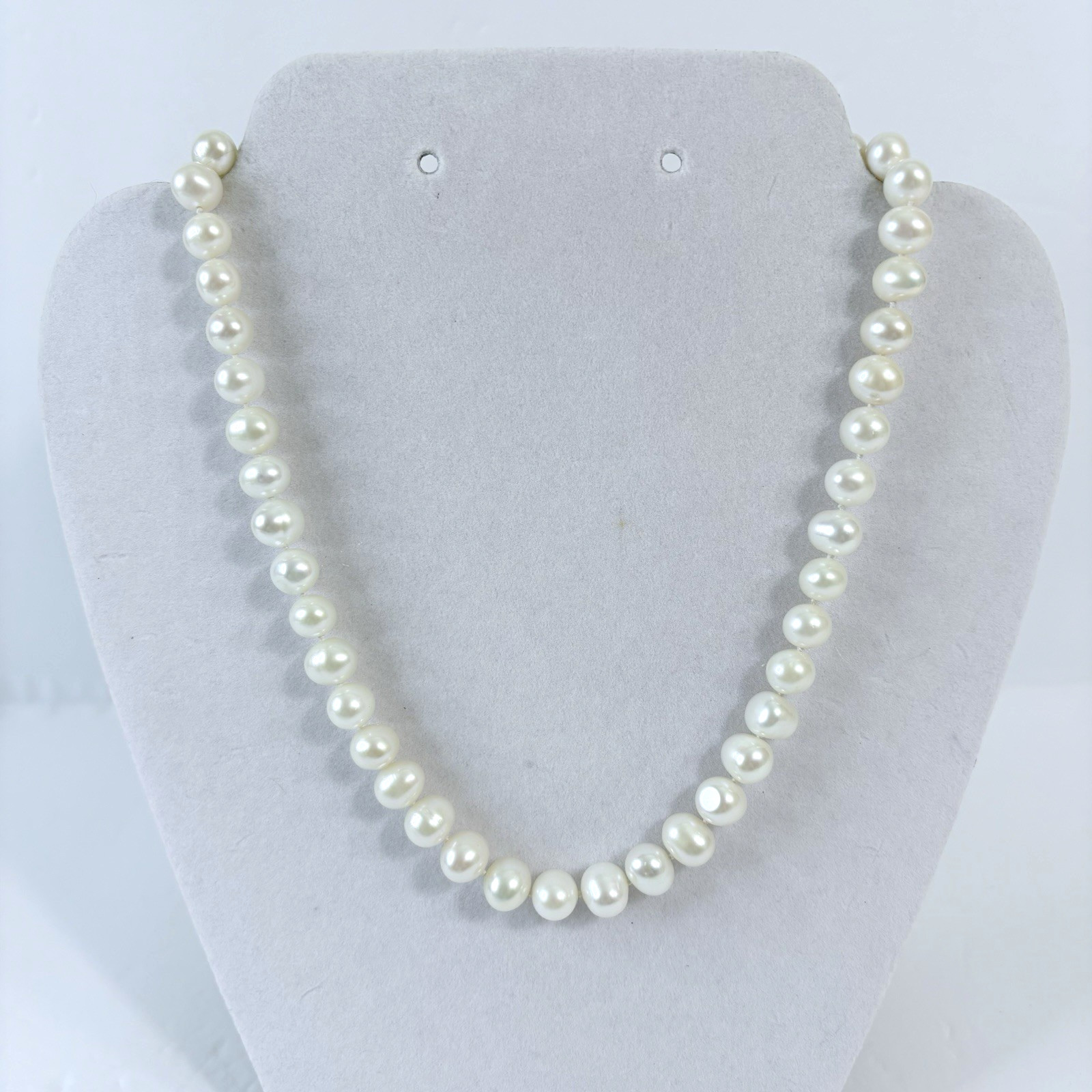 Cultured Button Pearl Necklace 14K GF Box Clasp Hand Knotted 8mm x 7mm 16″ Bride