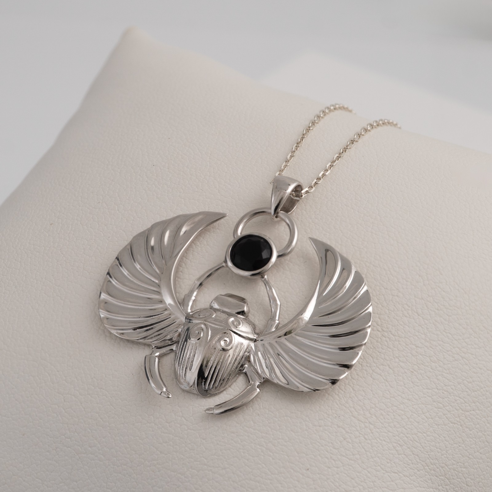 Scarab Necklace Sterling Silver Winged Scarab Black Onyx Egyptian Hallmarked