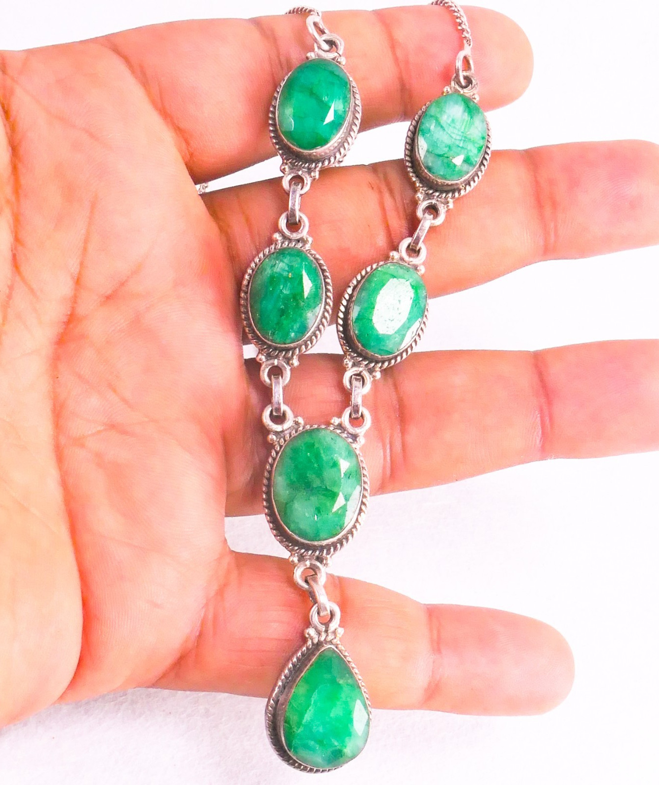 925 Sterling Silver Faceted Raw Emerald Y Drop Necklace 16-17″ 26.94 Grams