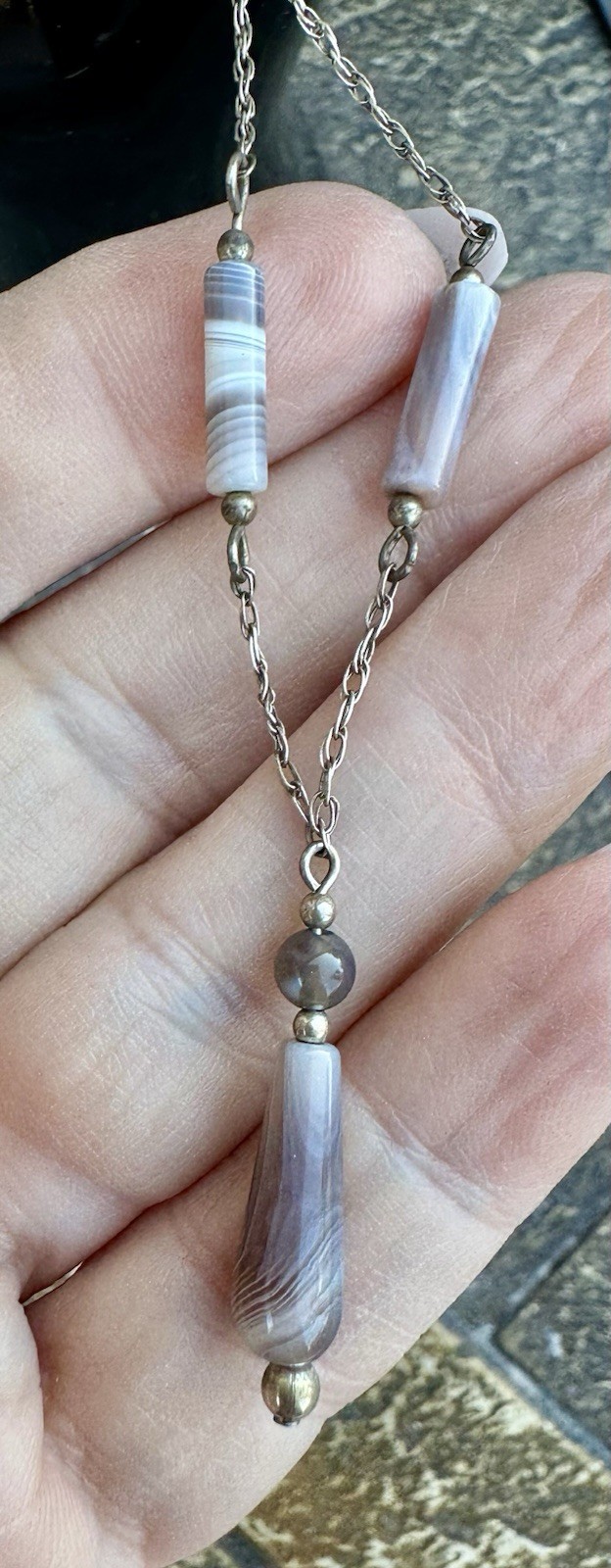 Sterling Silver 925 Muted Earth-tone Y Drop Agate Layered Stones / 18” Necklace