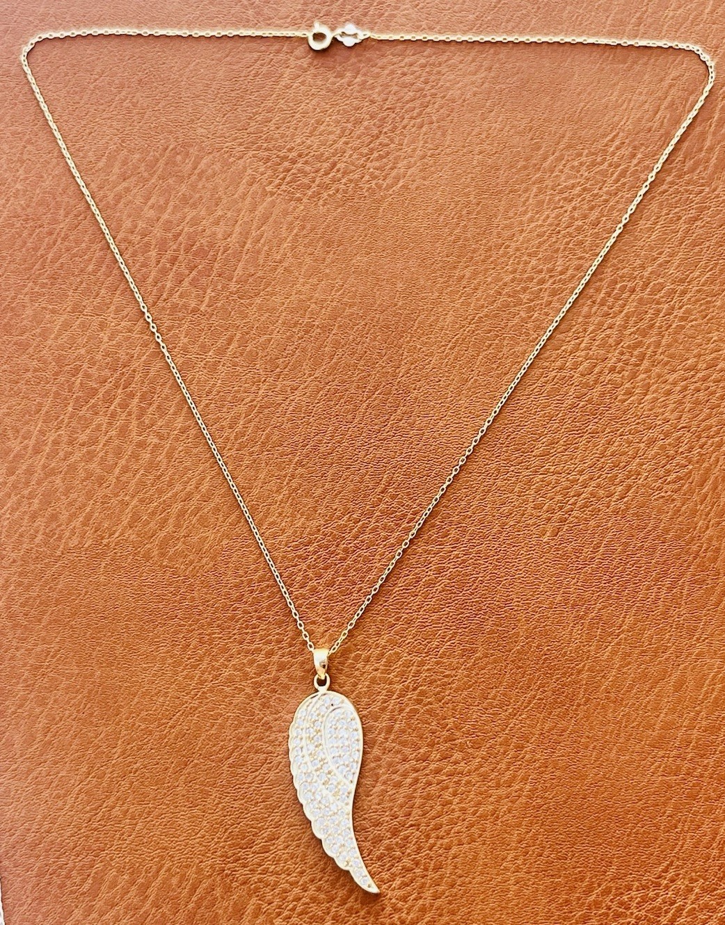 Designer FAS Gold Vermeil Over 925 Sliver White Gemstone Wing Pendant Necklace