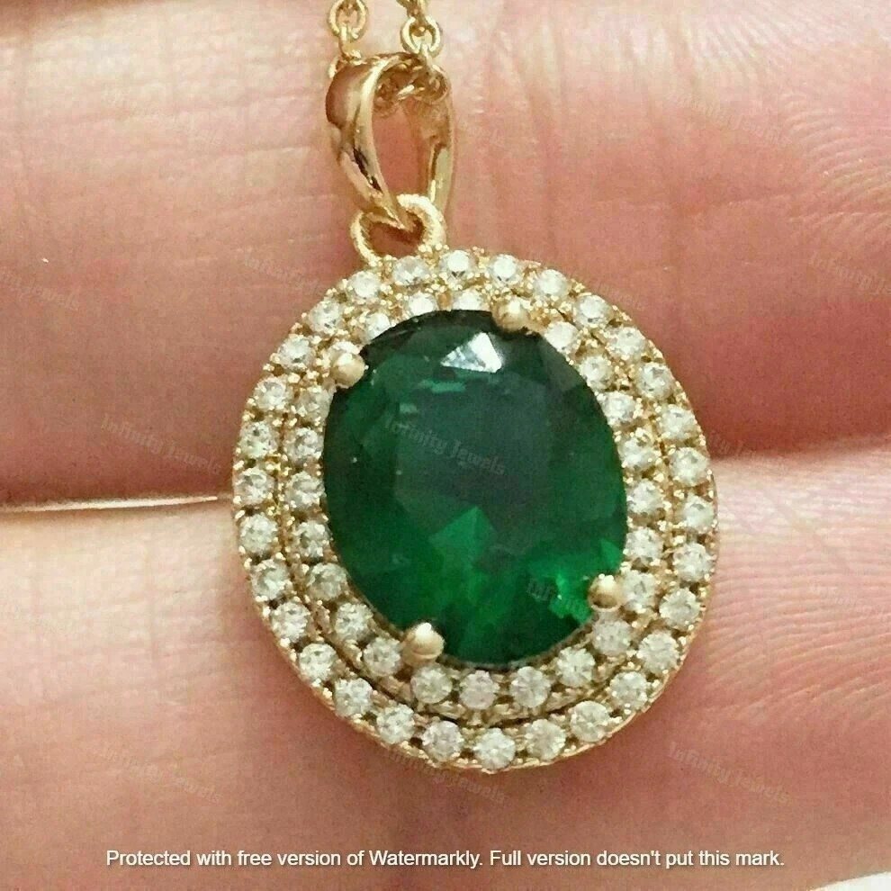 4Ct Oval Cut Green Emerald Diamond Halo Pendant 14K Yellow Gold Finish