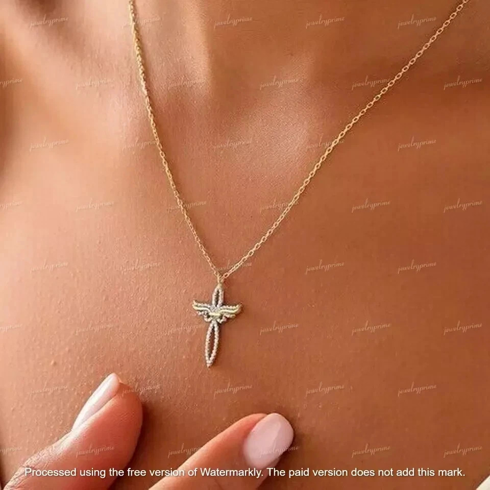 Beauty Cross 2Ct Diamond Round Cut Lab Created Pendant 14K Yellow Gold Plated