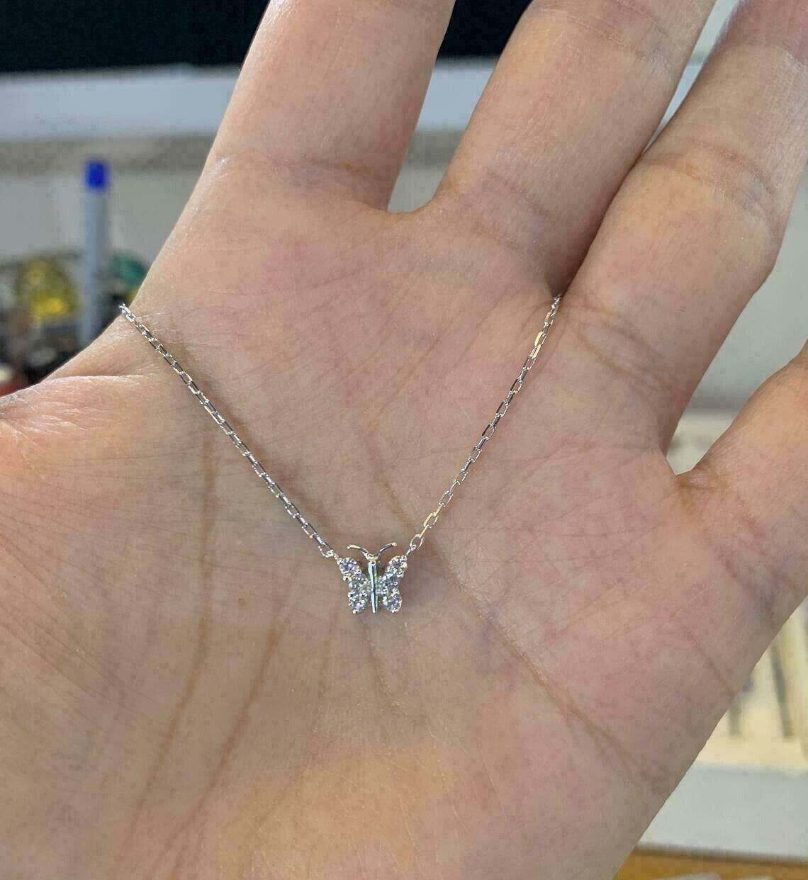 0.2Ct Round Cut Moissanite Butterfly Chain Necklace 14K White Gold Plated Silver