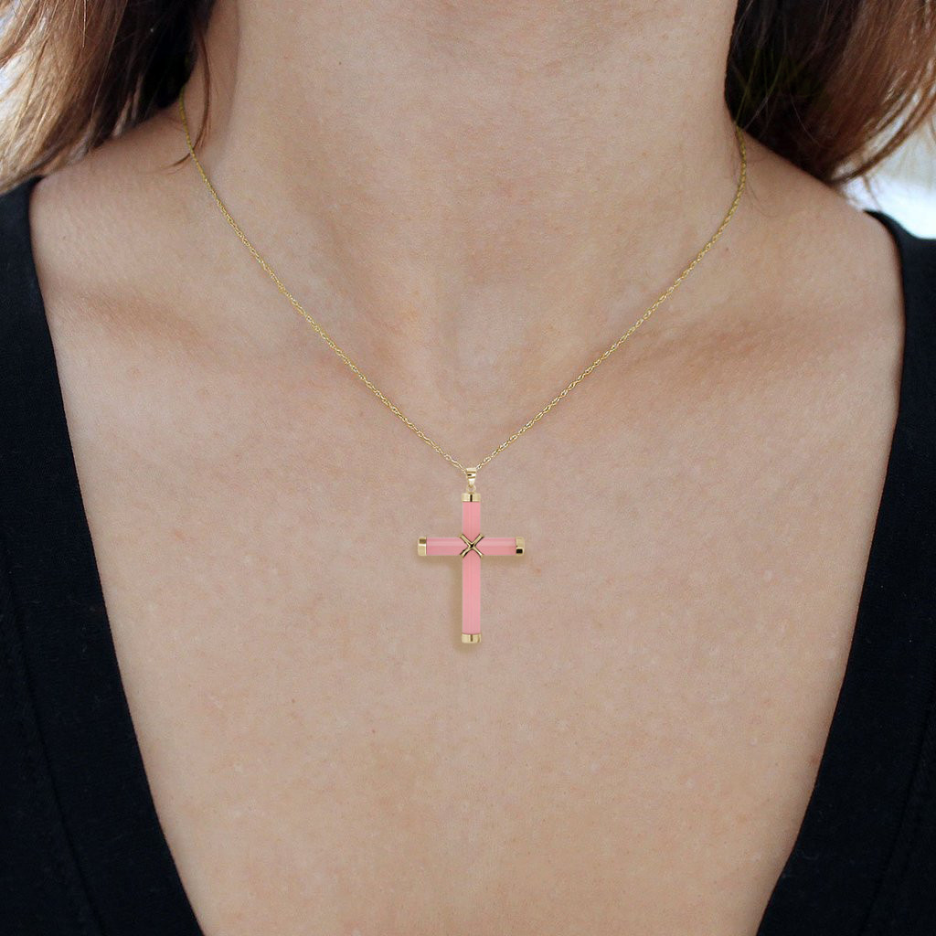 14K Yellow Gold Pink Jade Cross Religious Cross Pendant 1 1/2 Inch Drop