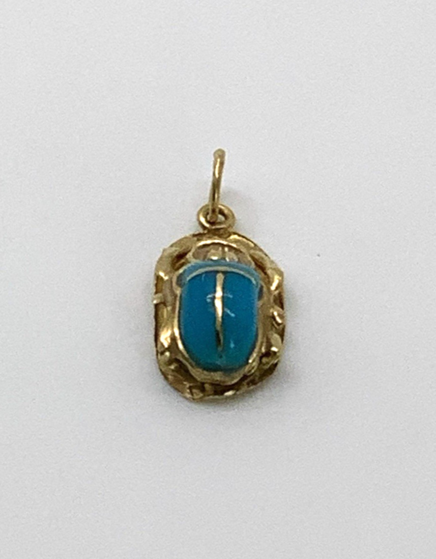 18K Yellow Gold Egyptian Revival Turquoise Scarab Beetle Pendant