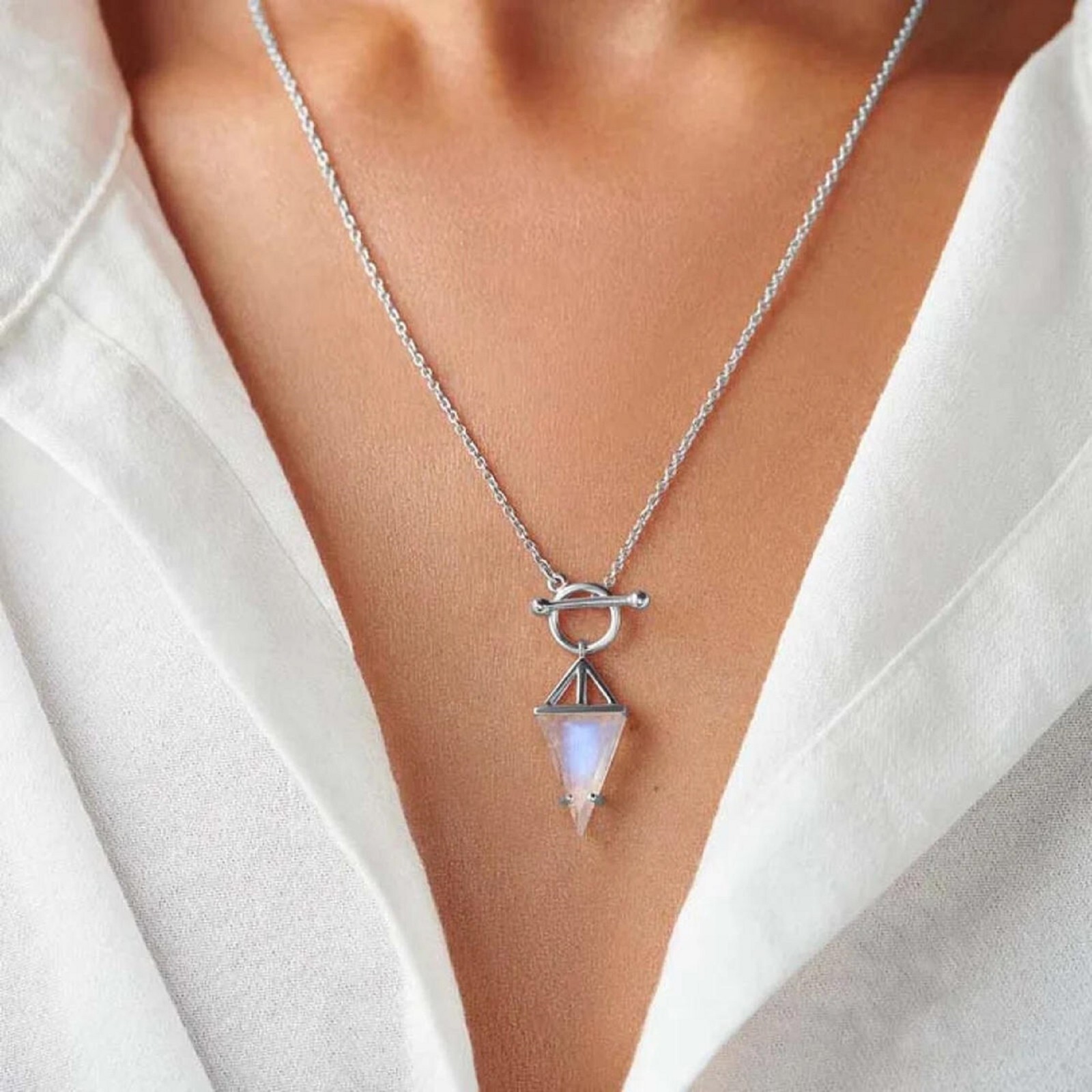 Rainbow Moonstone Necklace Silver Handmade Minimalist June Birthstone Pendant