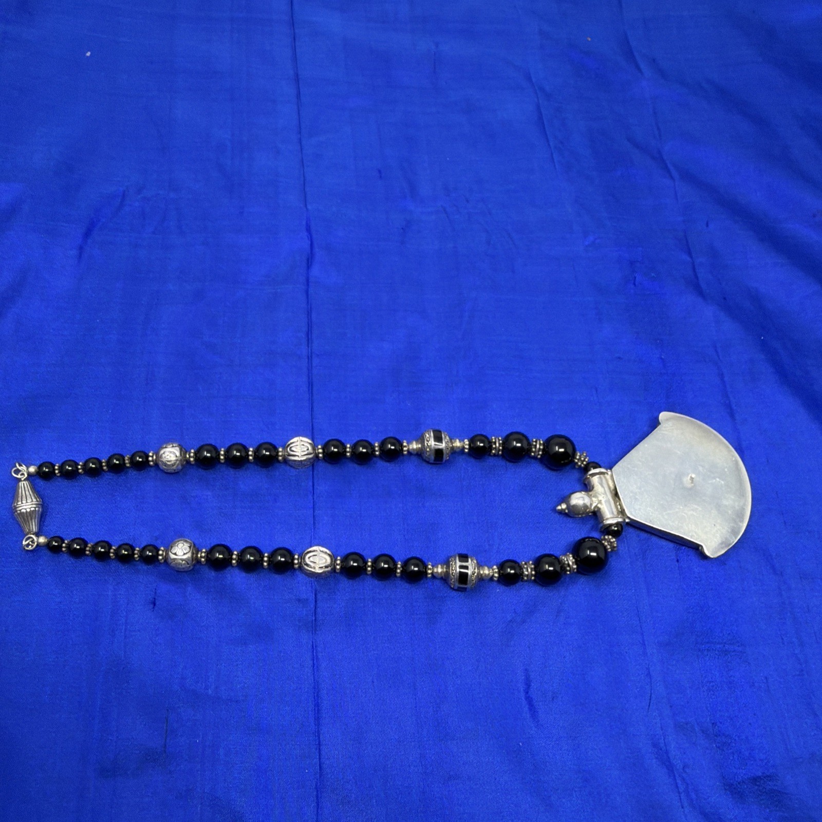 Sterling Silver 925 Black Onyx Beaded Bali Bead Necklace Large Pendant 17” 82.3g