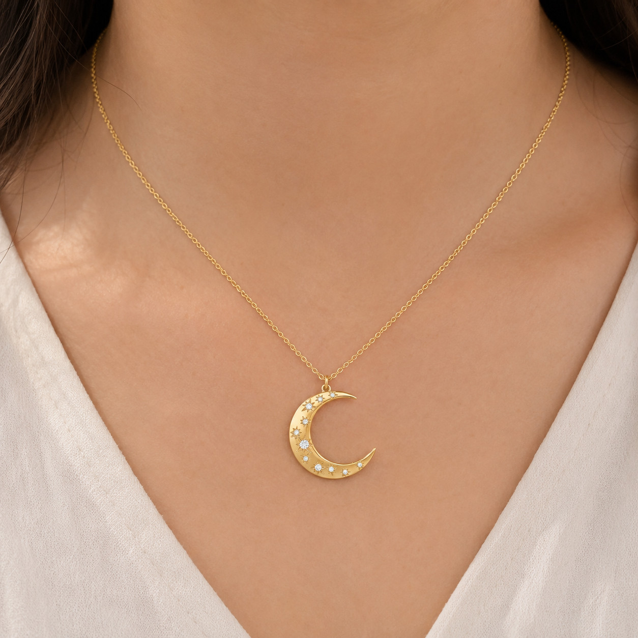 Crescent Moon Charm Solid 14k Yellow Gold Natural Diamond Designer Pendant
