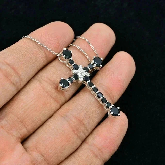 2Ct Round Cut Lab-Created Black Diamond Cross Pendant 14K White Gold Plated