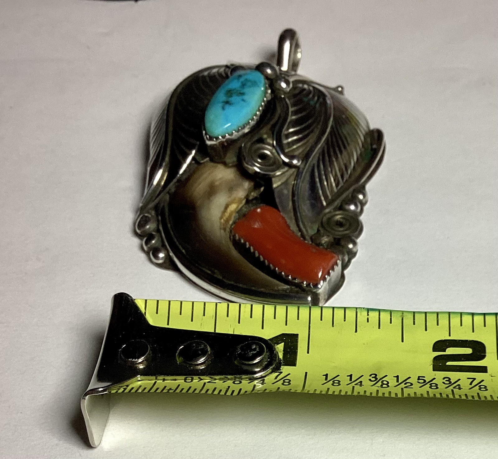 Vintage Navajo Sterling silver Natural Turquoise Red Coral Pendant signed