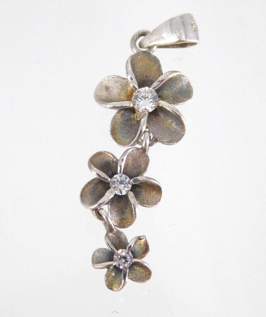 Sterling Silver Plumeria Flower White Crystal Dangle Pendant 925 1.4g 1 3/8 In