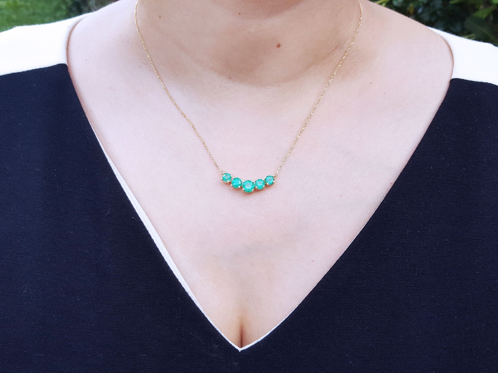 Five Stone Round Cut Colombian Emerald Necklace Solid 14K Yellow Gold