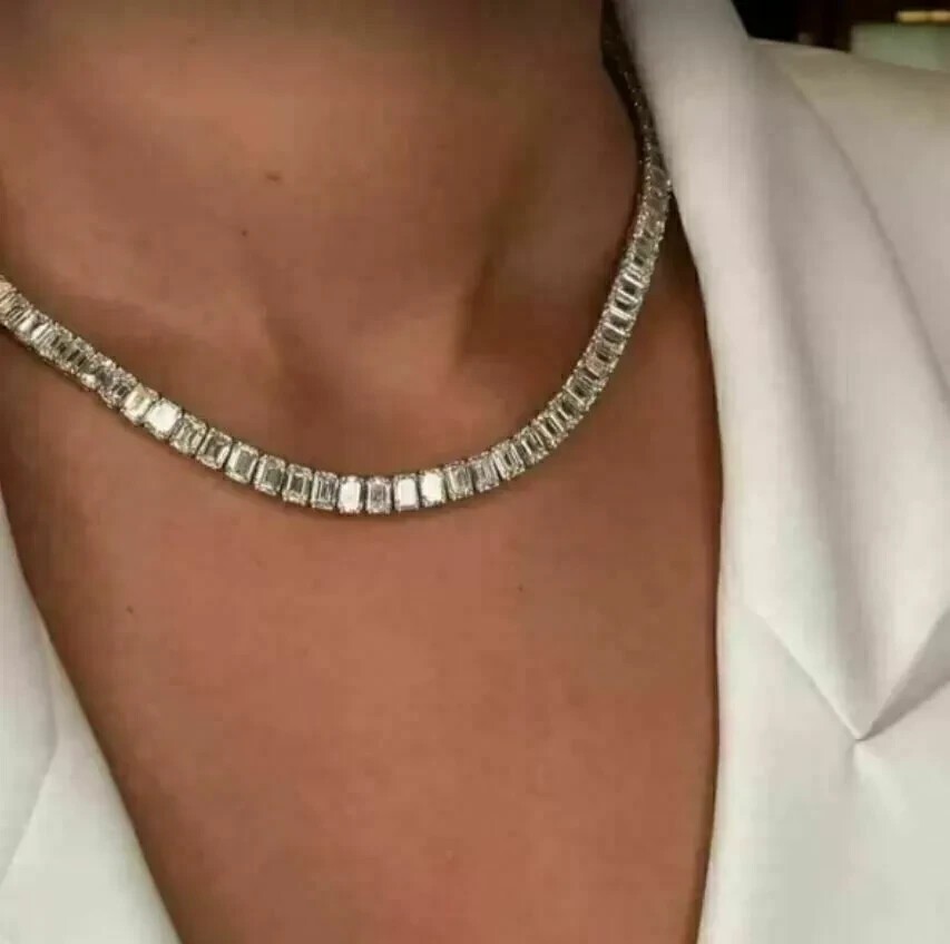 22Ct Emerald Cut Lab Created Diamond Tennis Women Necklace 14k White Gold Finish