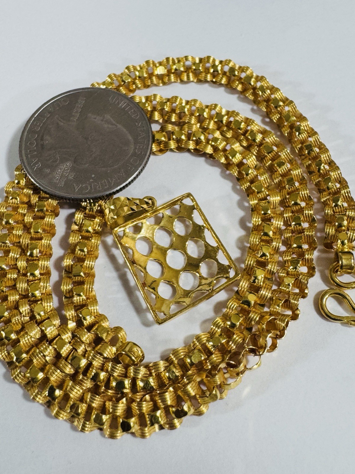 Solid 22K 916 Real Saudi Gold Rectangle Set Necklace 17”/17.5” Long 21.2g 6mm