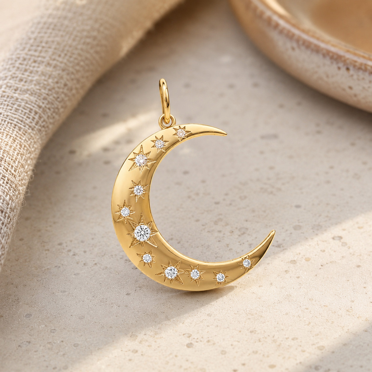 Crescent Moon Charm Solid 14k Yellow Gold Natural Diamond Designer Pendant