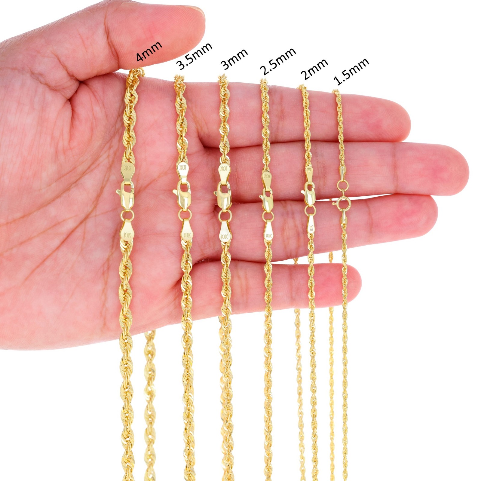 10K Yellow Gold 1mm-4mm Laser Diamond Cut Rope Chain Necklace Men Women 16″- 30″
