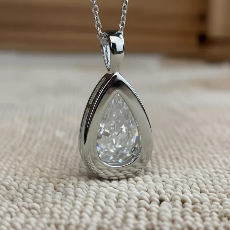 3.00 Ct Certified Pear Cut Solitaire Pendant, Silver Teardrop, Gift for Friend